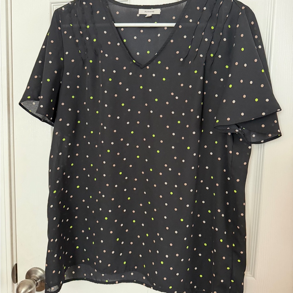 Pleione Black V-Neck Blouse with Polka Dots